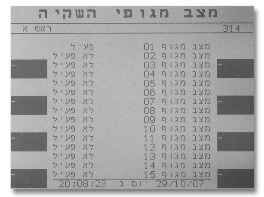 מצב מגופי השקיה: לחץ על מגופי השקיה במסך מצב ראש השקיה א לכניסה למסך הבא: 4. הפעלה מתקדמת הסבר למסך: מראה את המצב של כל המגופים הפעילים בראש (עד 32).