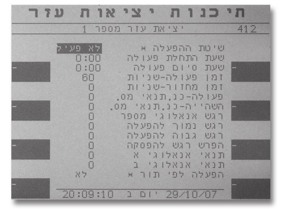 4. הפעלה מתקדמת תיכנות יציאות עזר (412): לחץ על תיכנות יצ.עזר ממסך מצב יציאות עזר לכניסה למסך הבא: הסבר למסך (מסך תכנות, 4 רכיבים): שיטת ההפעלה * לא פעיל: יציאת עזר לא פעילה.