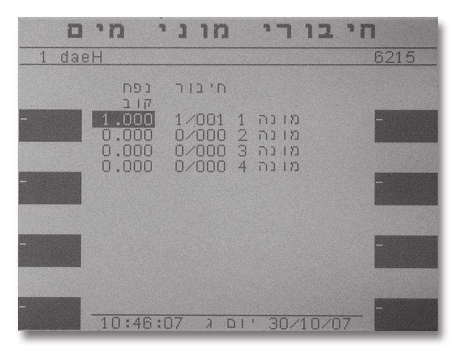 לחץ על מוני מים לכניסה למסך הבא: בנוסף למקום החיבור של הרכיב (כמו ביציאות) יש להגדיר במסך זה גם את גודל הפלט של הכניסה (כמה מטרים מעוקבים מים מייצג כל פלט).