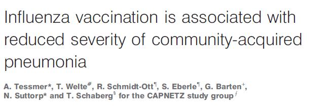 In the season cohort (2,368 patients) CAP in vaccinated patients was significantly less severe according to most analyzed parameters (CURB index >1: OR 0.76, 95% CI 0.60 0.98; procalcitonin >2.0 ng.