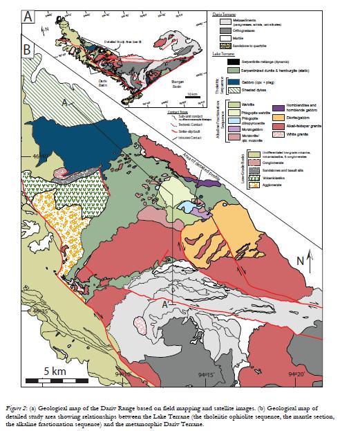 (a) Дарви нурууны геологийн зургийг Landsat images-г үндэслэсэн зохиоон (interpretation of previously constructed maps of the area Dijkstra et al., 2006, Khain et al., 2003).