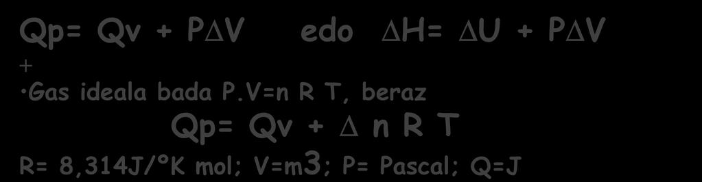 Qp eta Qv-ren ARTEKO ERLAZIOA U =Q+W = Q-P V (espantsio lana) Q= U + P V (Q askatzen badugu formulatik).