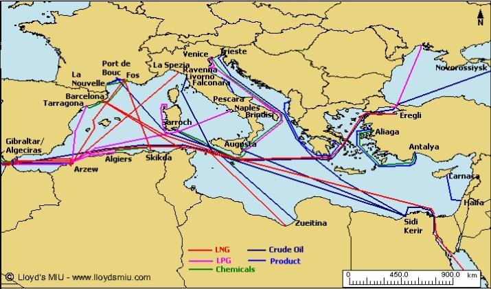 Εικόνα 3-1:Κύριοι άξονες ναυτιλιακής κίνησης στην περιοχή της Μεσογείου (Πηγή: https:/www.lloydsmiu.