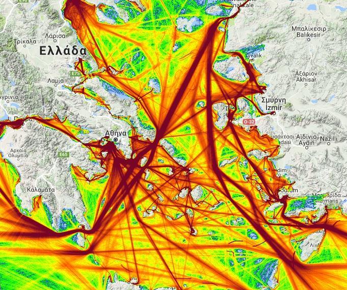 Εικόνα 3-5: Άξονες κίνησης Εμπορικών Πλοίων στο Αιγαίο Πέλαγος (Πηγή: https://www.marinetraffic.