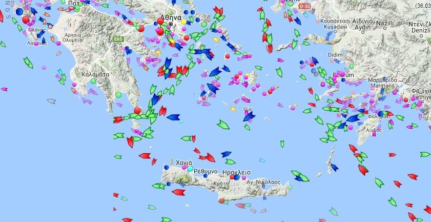 com/gr/) (Ανάκτηση 16/8/2017) Από τους ανωτέρω χάρτες όπου καταγράφονται δεδομένα κινήσεως εμπορικών πλοίων σε πραγματικό χρόνο, επαληθεύονται οι άξονες κίνησης που περιγράφηκαν προηγουμένως.
