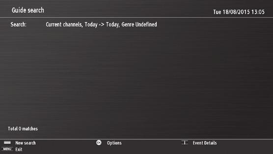 Using the Features 5 i (Event Details) Press i to see a brief description of the selected programme. P+/- OK (Options) Press the P+ / P- buttons to view the next or previous days programmes.