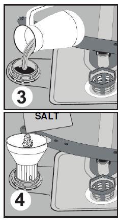 Pentru a introduce sare pentru dedurizare, scoateţi coşul de jos, deschideţi capacul compartimentului pentru sare prin rotire în sens orar.