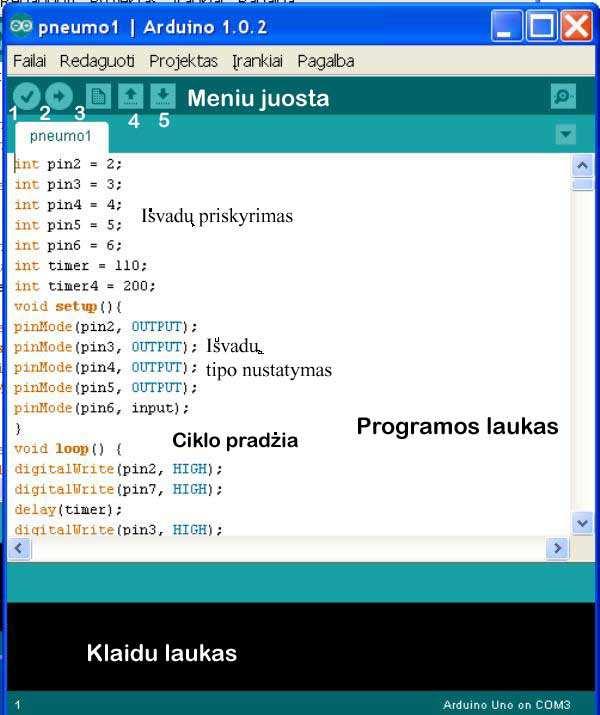 arduino pagrindinio lango meniu Programos mygtukų paskirtis aprašyta žemiau. 1. Programos kompiliavimas/tikrinimas. Klaidų lauke atsiranda pranešimai jei yra klaidų. 2.