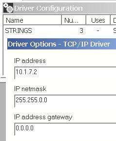, STRINGS) ir spaudžiama OK. Po to pasirenkama tvarkyklė TCPIPFEC. Joje nurodomas valdiklio IP adresas, pvz., 3.