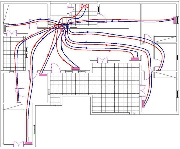 Κεφάλαιο 4 ο : Αντλία θερμότητας W = =. = 2161.5 W 4.2 Σχεδιάγραμμα ροής μονοσωλήνιου συστήματος Στο παρακάτω σχέδιο απεικονίζεται η κάτοψη της οικίας η οποία έγινε σε AutoCAD 2007.