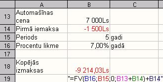 Aprēķinātā summa ir negatīva jums jāmaksā līzinga kompānijai, nevis otrādi. Neaizmirstiet ar funciju FV aprēķinātajai summai pieskaitīt pirmo iemaksu (+B14).