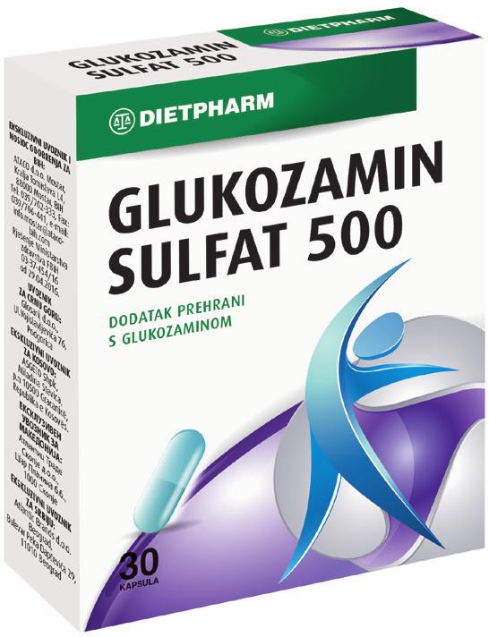 GLUKOZAMIN SULFAT 500 Glukozamin sulfati është pjesë përbërëse e shumicës së proteoglikeneve (heparinës, keratan sulfat dhe hialuron) që ndërtojnë një numër të madhë të indeve dhe organeve në trupin