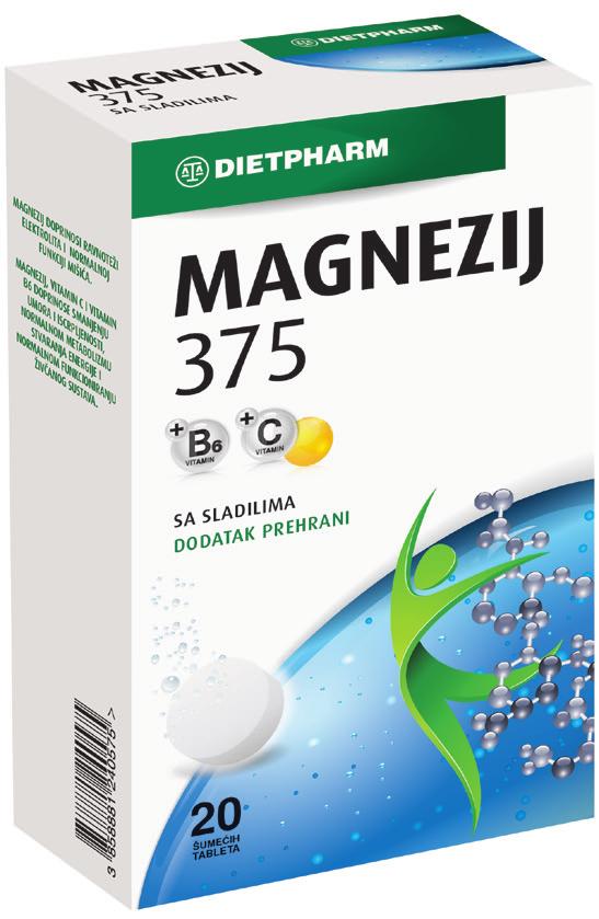 MAGNEZIUM 375 Magnezi dhe vitamina B6 kontribuojnë në reduktimin e ndenjës së lodhjes dhe plogështisë, në funksionimin normal të sistemit nervor, në funksionet psikologjike, reduktimin e lodhjes dhe