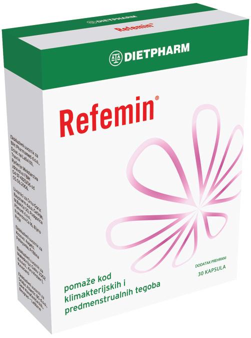 REFEMIN Refemin kontribuon në qetësimin e simptomave të menopauzës. Të merret 1 kapsulë në ditë, me ushqim.