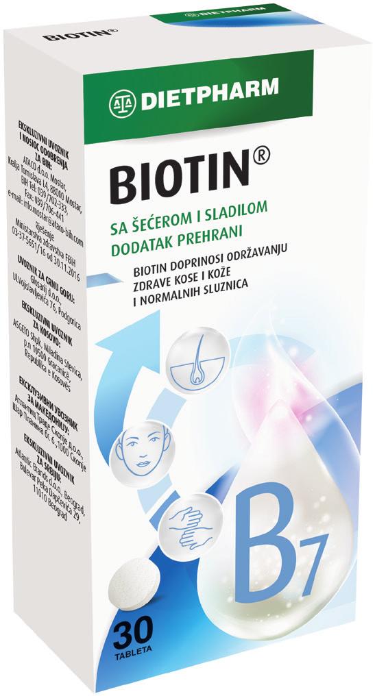 BIOTIN Biotin kontribuon në mirëmbajtjen e lëkurës, flokëve dhe membranave të mukozës.
