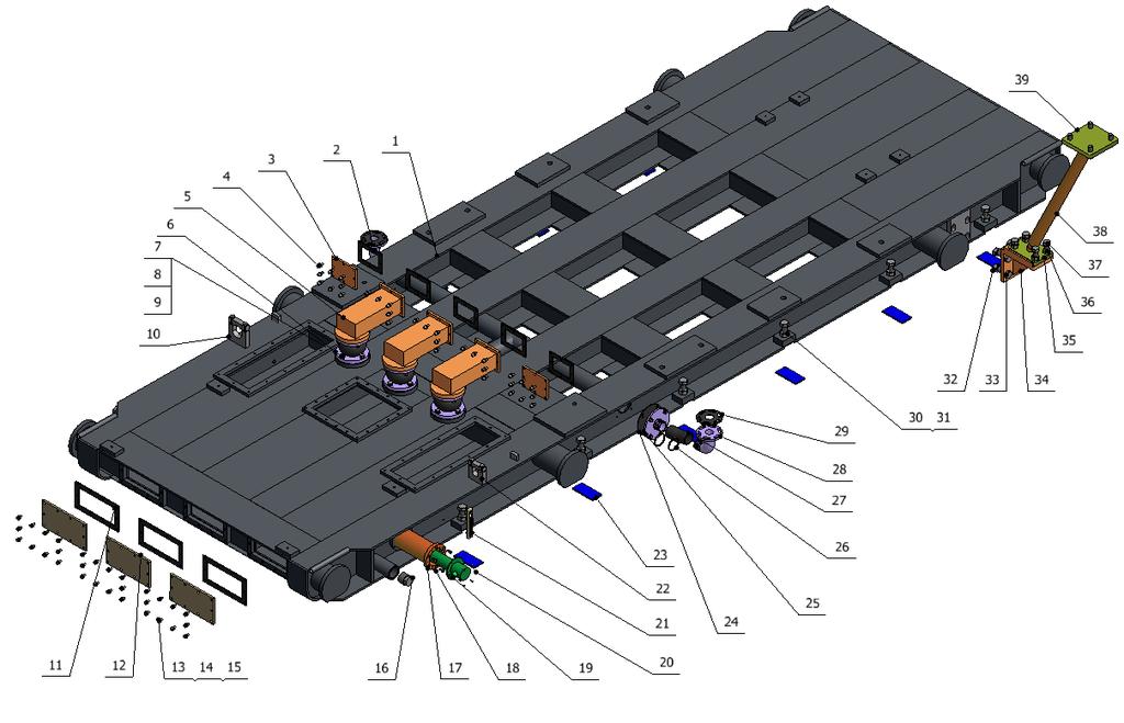 Skid assembly NB005.07.00 1 Skid welding assembly NB005.07.01.00 1 2 Rubber gasket 3 NB005.07.06 5 3 Cover plate NB005.07.05 2 4 Socket cap screw M12 25 70 5 Oil return rectangular pipe assembly NB005.