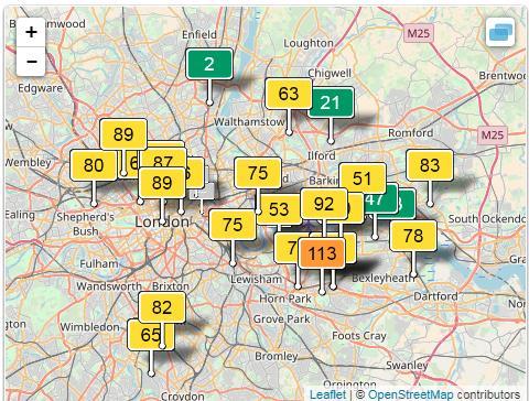 Εικόνα 11 Χάρτης των σταθμών μέτρησης της ποιότητας αέρα κατά AQI στο Λονδίνο Αυτό θα μπορούσε να είναι ένδειξη σχετικά με την ροή των ανέμων και τον τρόπο με τον οποίο μετακινούνται οι