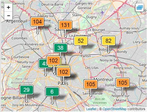 Προς τα βόρεια, δυτικά και νοτιοδυτικά του κέντρου της πόλης του Παρισιού, οι μετρήσεις είναι καλές (με πράσινο χρώμα).