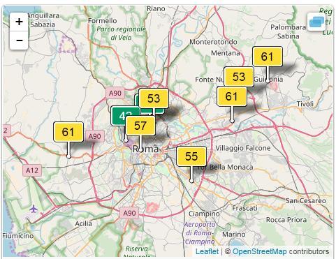 Εικόνα 17 Τιμές μέτρησης ρύπων με καταγραφή τρέχουσας κατάστασης και ελαχίστων μέγιστων τιμών στη Ρώμη Από τον χάρτη που παρέχεται από την διαδικτυακή εφαρμογή, παρατηρείται ότι γενικά η ποιότητα του