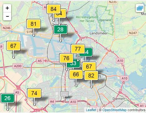 Εικόνα 19 Τιμές μέτρησης ρύπων με καταγραφή τρέχουσας κατάστασης και ελαχίστων μέγιστων τιμών στο Άμστερνταμ Όπως φαίνεται και στον χάρτη, η περιοχή παρουσιάζει γενικά μέτρια κατάταξη στην ποιότητα