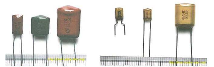 Condensatoare variabile cu ax, dielectric aer sau dielectric poliester, nepolarizate, fig.a4.13. Capacităţi 10 pf 500 pf. Gabarit mai mare la condensatorul cu aer.