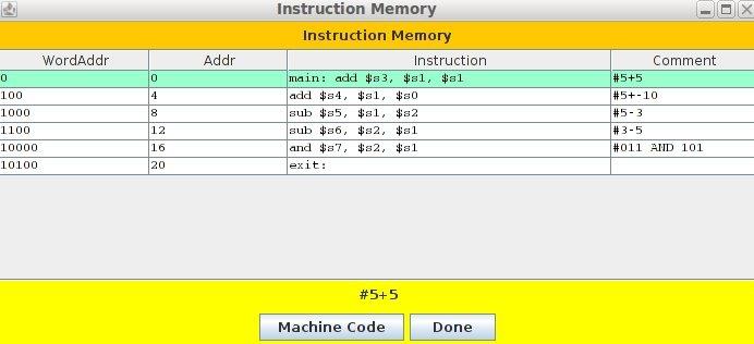 Instruction Memory: Στο παράθυρο αυτό φαίνονται τα περιεχόμενα της μνήμης εντολών,