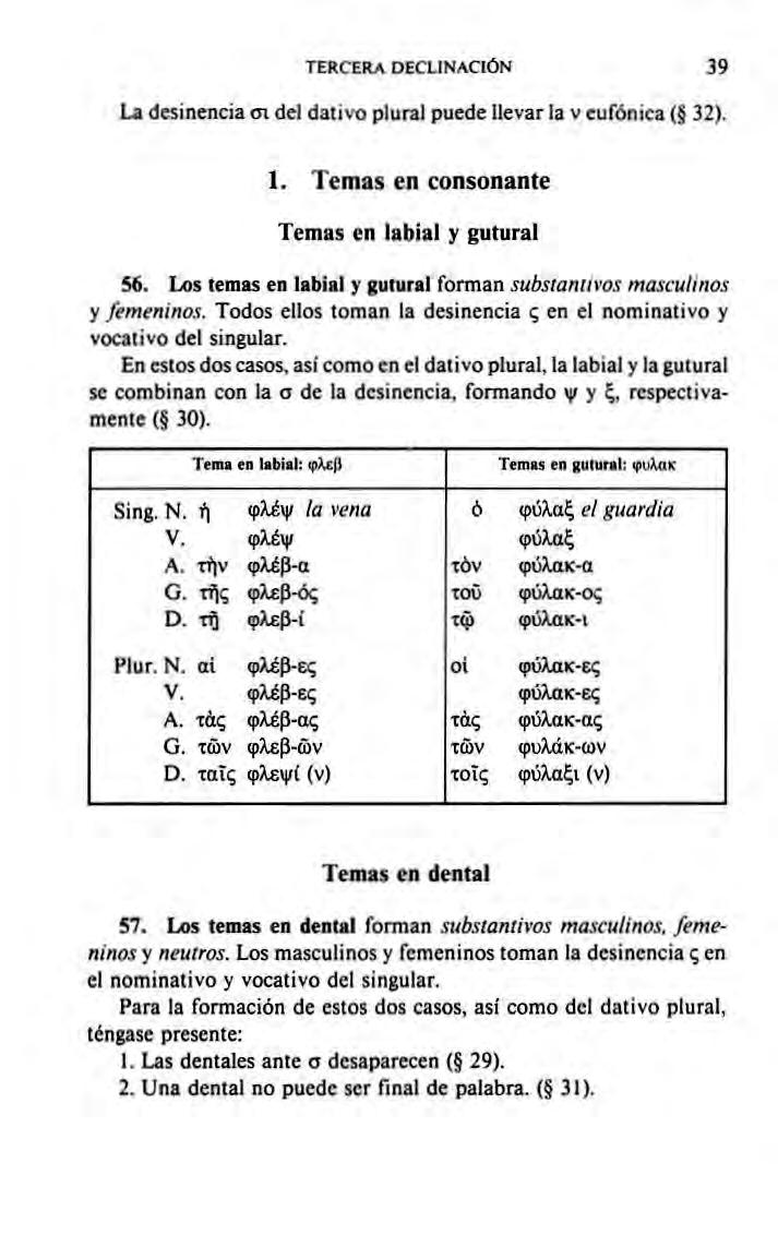 TERCERA DECLINACIÓN 39 La desinencia ai del dalivo plural puede llevar la v eufónica (g 32). 1. Temas en consonante Temas en labial y gutural 56.