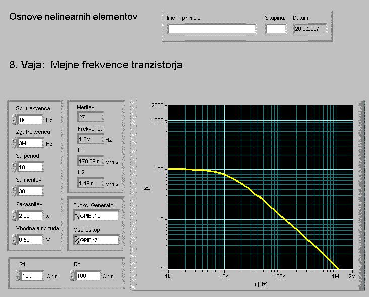 8.vaja: Mejne frekvence bipolarnega tranzistorja I C + I c rms 3 I B 1 R 2 10 kω R C 100 Ω C U BB = 6 V ~ I b rms U g rms VAC 2 GND C 1 1 µf R 1 10 kω C