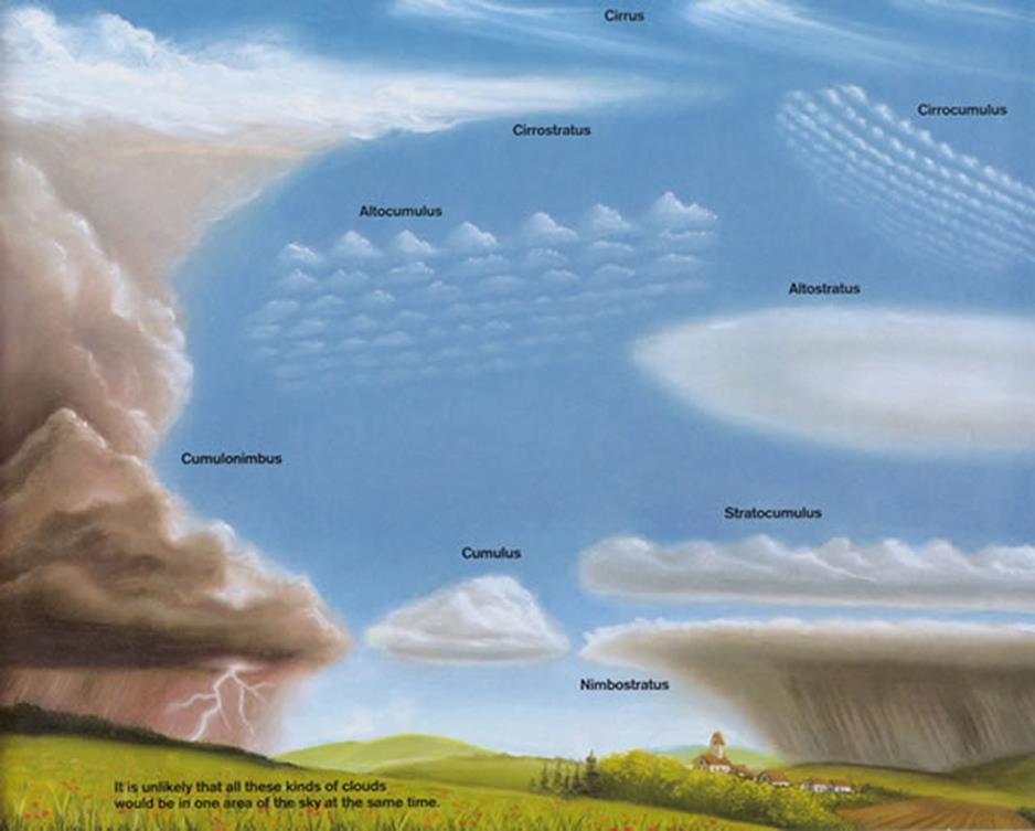 Слика 98. Видови облаци Облаците се разликуваат според изгледот и височината на која се создаваат. Тие разлики се, всушност, основата за меѓународниот систем за нивна поделба.