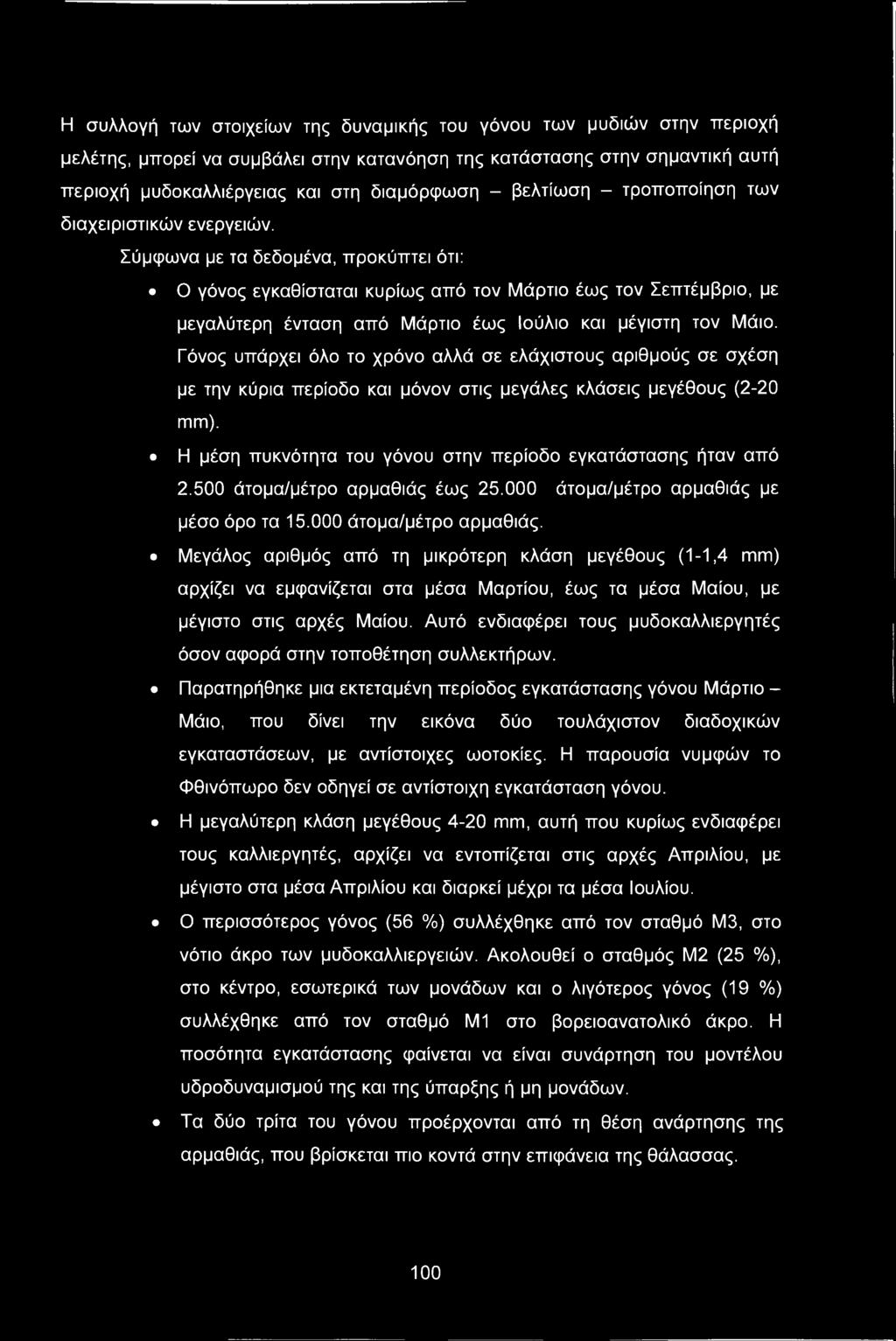 Σύμφωνα με τα δεδομένα, προκύπτει ότι: Ο γόνος εγκαθίσταται κυρίως από τον Μάρτιο έως τον Σεπτέμβριο, με μεγαλύτερη ένταση από Μάρτιο έως Ιούλιο και μέγιστη τον Μάιο.