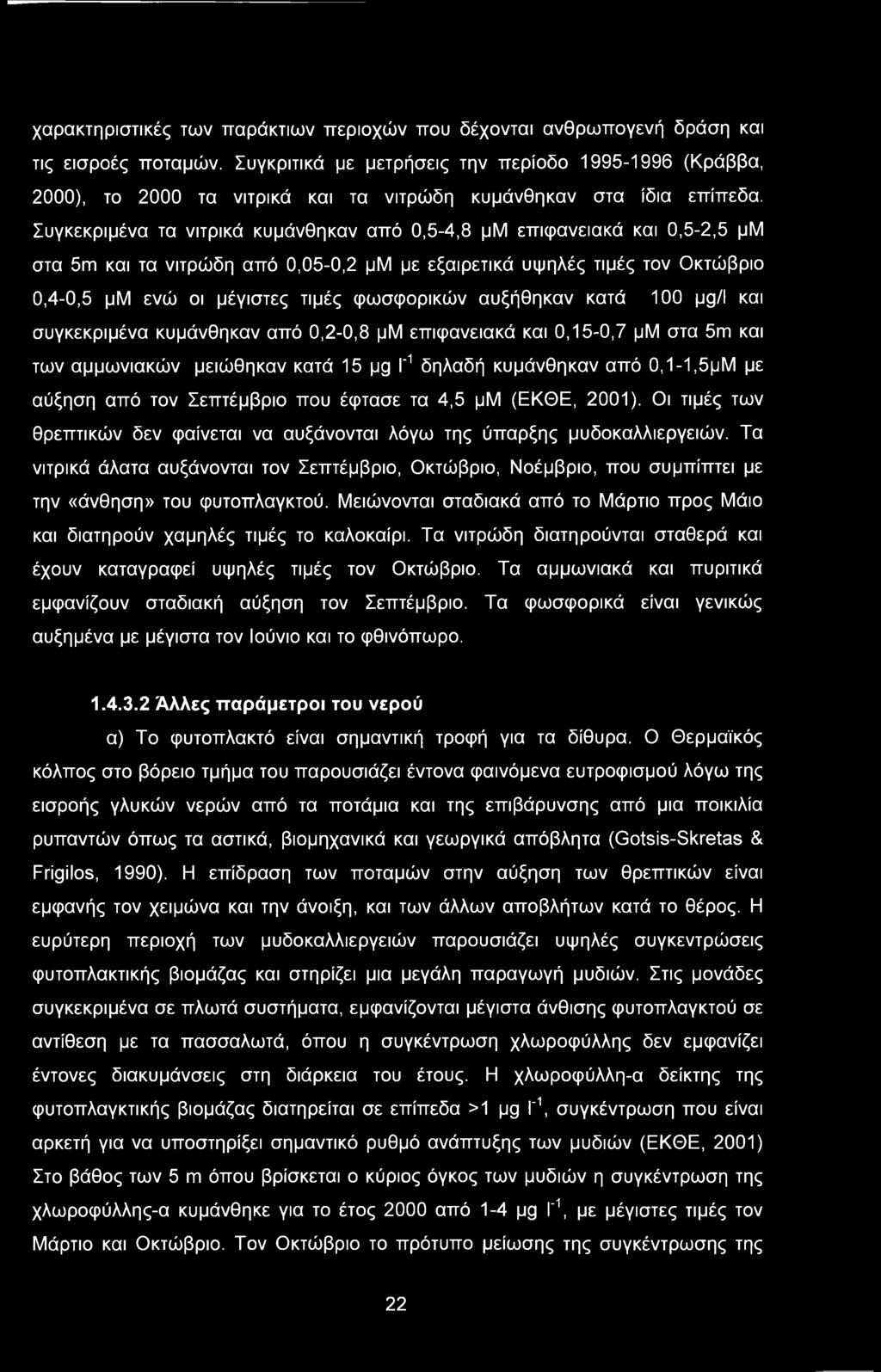 Συγκεκριμένα τα νιτρικά κυμάνθηκαν από 0,5-4,8 μμ επιφανειακά και 0,5-2,5 μμ στα 5m και τα νιτρώδη από 0,05-0,2 μμ με εξαιρετικά υψηλές τιμές τον Οκτώβριο 0,4-0,5 μμ ενώ οι μέγιστες τιμές φωσφορικών