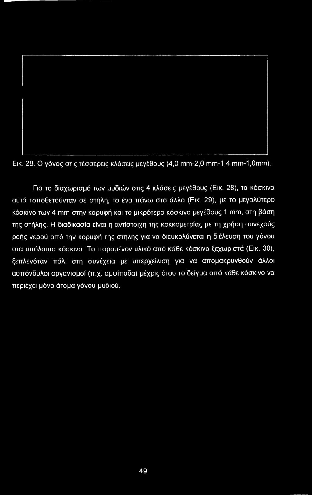 Η διαδικασία είναι η αντίστοιχη της κοκκομετρίας με τη χρήση συνεχούς ροής νερού από την κορυφή της στήλης για να διευκολύνεται η διέλευση του γόνου στα υπόλοιπα κόσκινα.