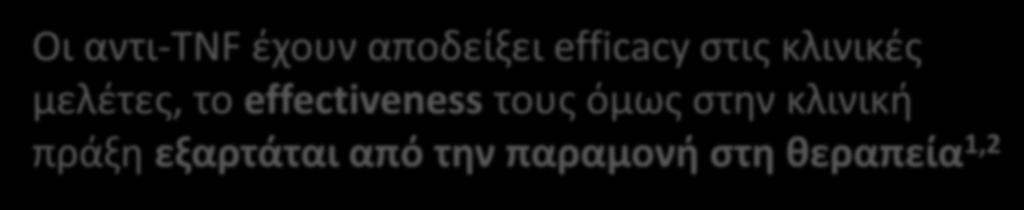 Effectiveness=αποτελεσματικότητα του φαρμάκου στην κλινική πράξη Οι αντι-tnf έχουν αποδείξει efficacy στις κλινικές μελέτες, το