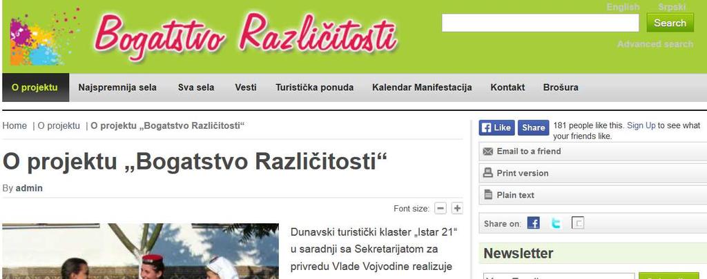 Слика 46. Сајт Пројекта Богатство различитости, покренутог иницијативом Дунавског туристичког кластера Истар 21 (Извор: http://www.bogatstvorazlicitosti.