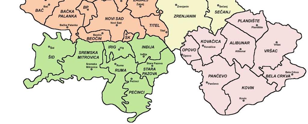 com/str/mapa-srbije/) Сем поделе на Срем, Банат и Бачку као три велике географске целине Војводине, покрајина је административно подељена и на 46 општина груписаних у седам округа: Јужнобачки,