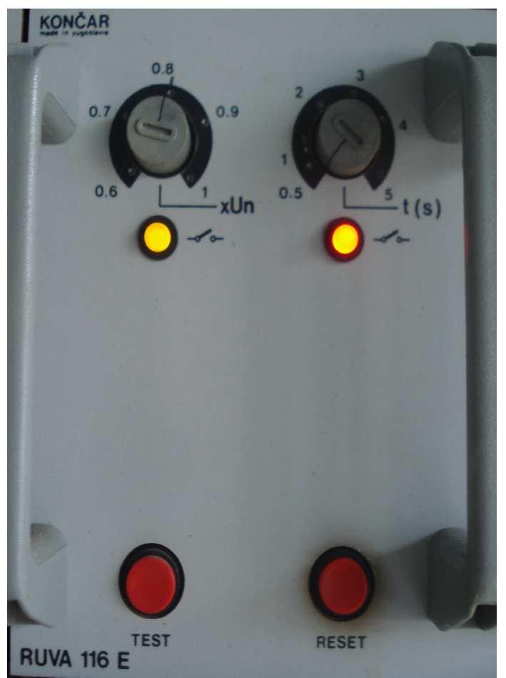 Tehnički podaci releja RUWA 117 E nazivni napon: U n =100V nazivna frekvencija: f n =50 Hz podesivost proradne vrednosti (2,5-12,5)% U n (kontinualno) sa tačnošću ± 2% kod najnižeg i najvišeg