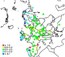 Distribución xeográfica do nitrato en Europa (mg N/L).