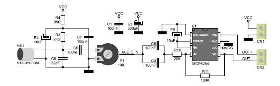 To Microphone AMP συνδέεται με εξωτερική τροφοδοσία μέσω βιδωτού τερματικού CN1.