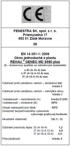 Pri oknách sa hodnotí a uvádza ako informácia na CE štítku: tlak 2000 Pa Odchýlka rámu < 1/300 skúšobný tlak 1 200 Pa 350 N 32 db