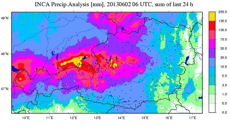 Obr. 13 Analýza zrážok INCA za posledných 24 hodín 2.6.2013 k 6:00 hod UTC Obr.