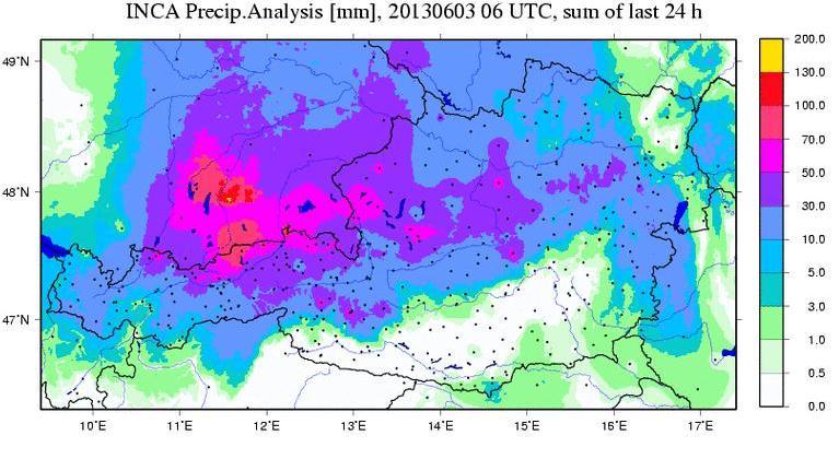Obr. 15 Analýza zrážok INCA za posledných 24 hodín 3.6.2013 k 6:00 hod. UTC Obr.