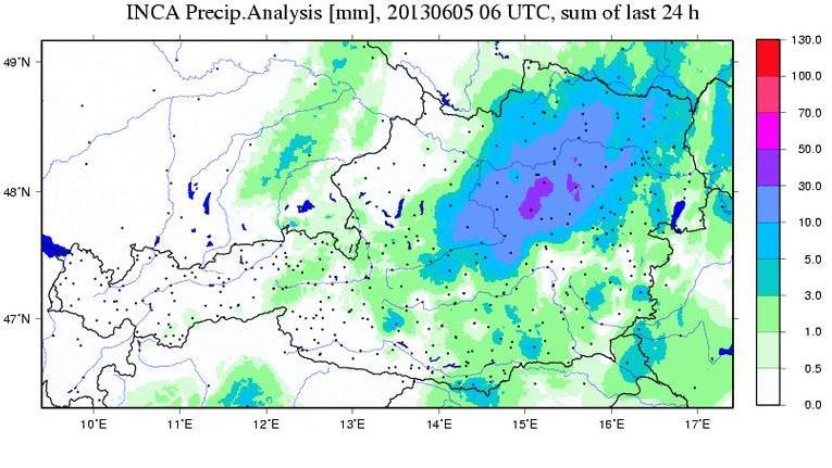 Obr. 19 Analýza zrážok INCA za posledných 24