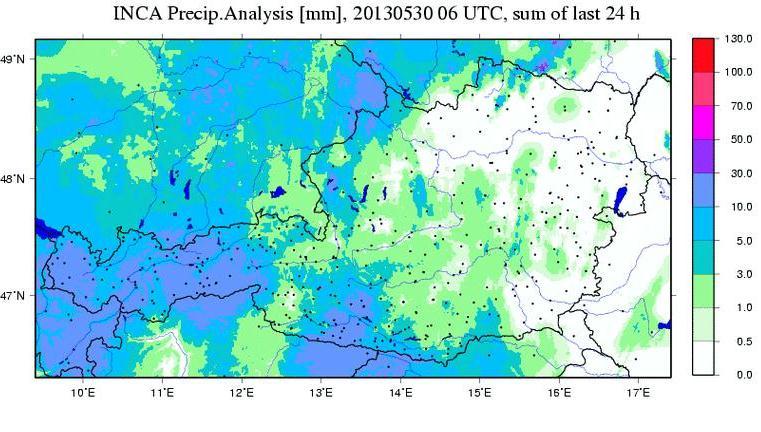 Obr. 7 Analýza zrážok INCA za posledných 24 hodín 30.5.2013 k 6:00 hod. UTC Obr.