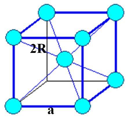 unde: V c = volumul (cm 3 /celulă); a = latura cubului și se calculează în funcție de R din figura de mai sus, aplicând teorema lui Pitagora în triunghiuri dreptunghice.