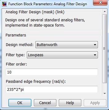 Σχήμα Π.3.26: Παράμετροι του μπλοκ Analog Filter Design Βάζουμε στο πεδίο filter order, που είναι η τάξη του φίλτρου, την τιμή 10 που είναι ένα αρκετά καλό νούμερο για τη δουλειά που το θέλουμε.