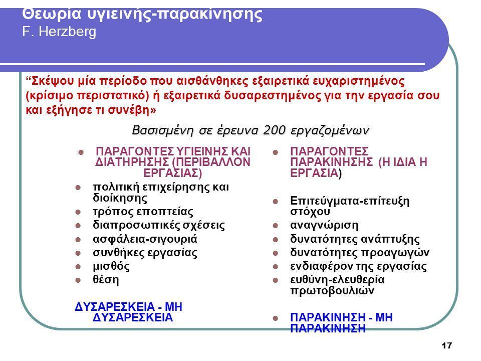 πρώτα αφορούν τα θετικά χαρακτηριστικά που παρακινούν τα άτομα στην εργασία τους ενώ τα δεύτερα αναφέρονται στις συνθήκες που τους προκαλούν δυσαρέσκεια (Μπουραντάς, 22).