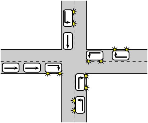 12. Nine cars arrive at a crossroads and drive off as