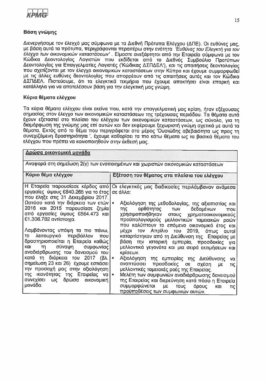 15 Βάση γνώμης Διενεργήσαμε τον έλεγχό μας σύμφωνα με τα Διεθνή Πρότυπα Ελέγχου (ΔΠΕ).