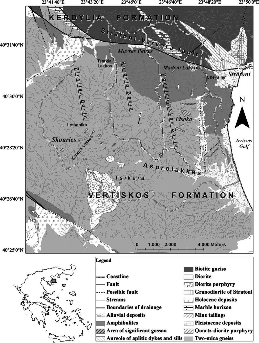 Εικόνα 2.3. Γεωλογικός χάρτης της ενότητας του Βερτίσκου πάνω στην ενότητα των Κερδυλλίων κατά μήκος του ρήγματος Στρατωνίου Βαρβάρας. (Τροποποιημένο κατά Kelepertzis et al.