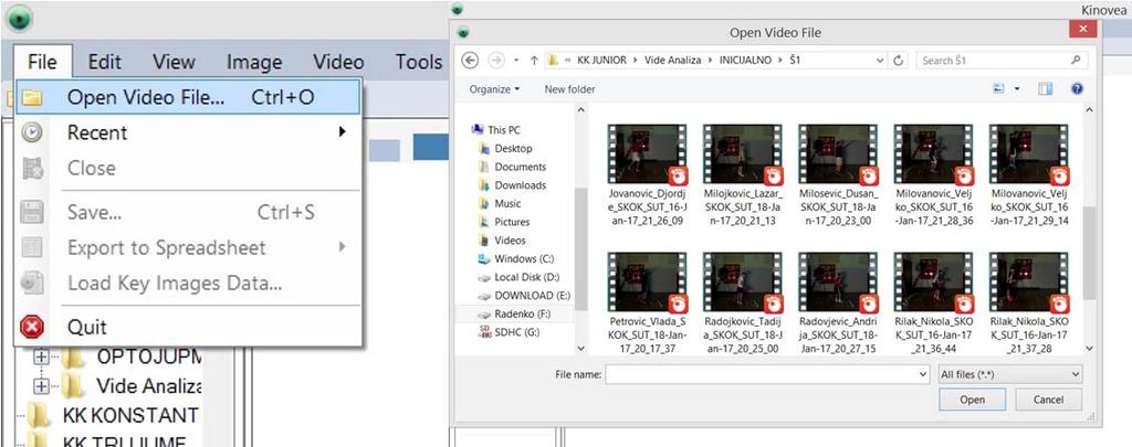 Покретањем софтвера Kinovea 0.8.25, отвара се прозор у чијем се горњем левом углу налази опција File > Open video file (слика 4) помоћу које се одабрани видео учитавао ради даље анализе.